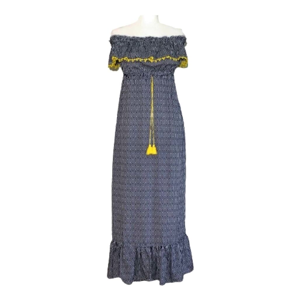 Mud Pie Maxi Dress Blue White Pattern Yellow Tassels Strapless Flowy Dress Small